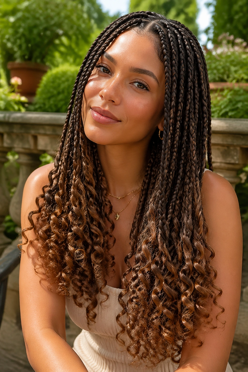 Real woman with brown goddess box braids and soft curl ends in a sunlit setting.