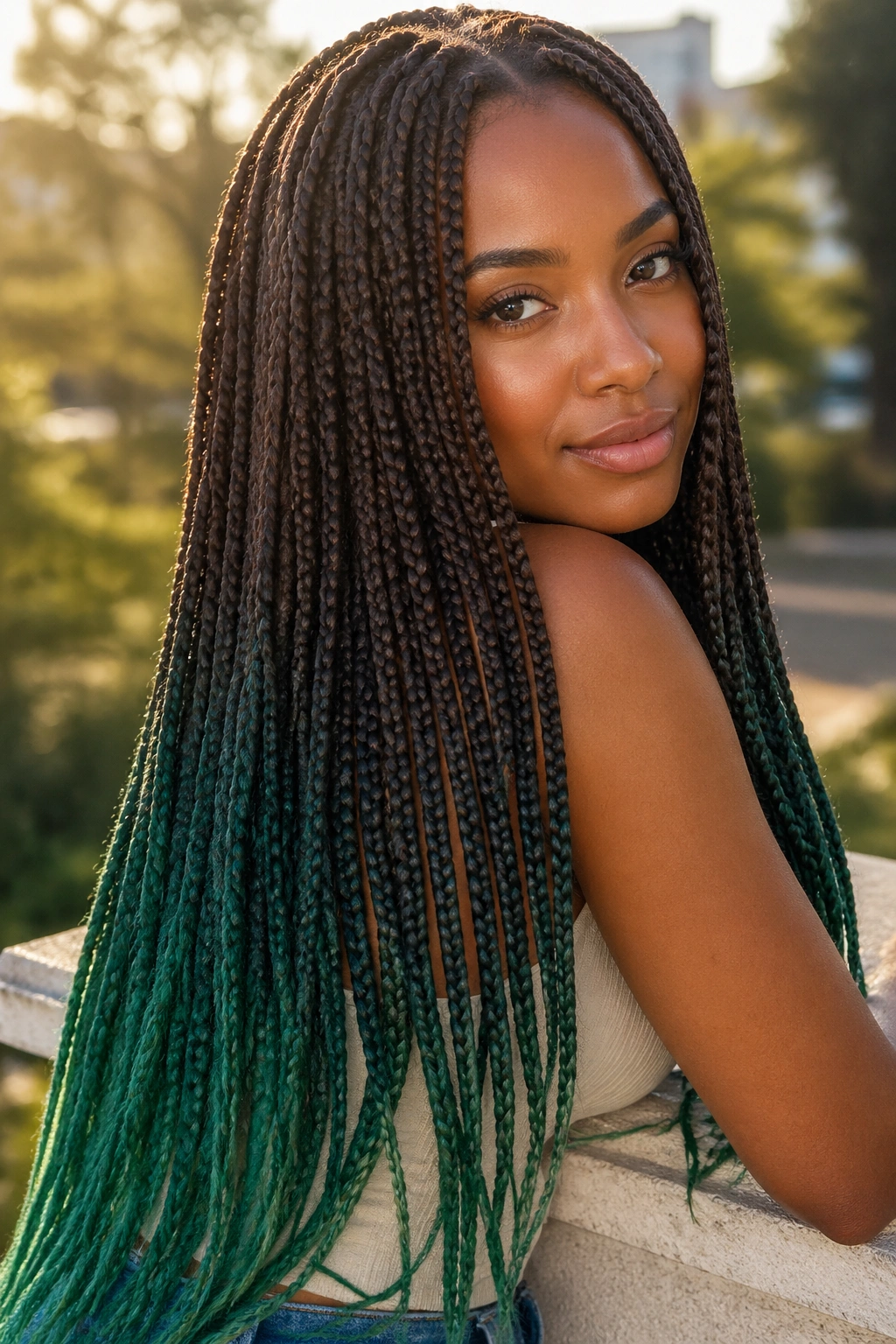Real person with brown to jade ombre braids