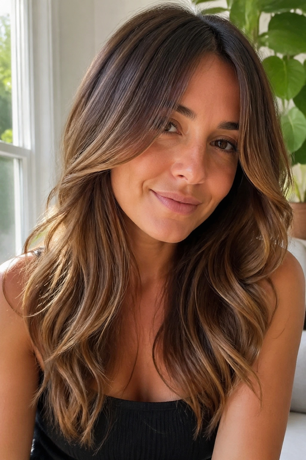 Portrait of a real woman with brown ombré waves and long layers