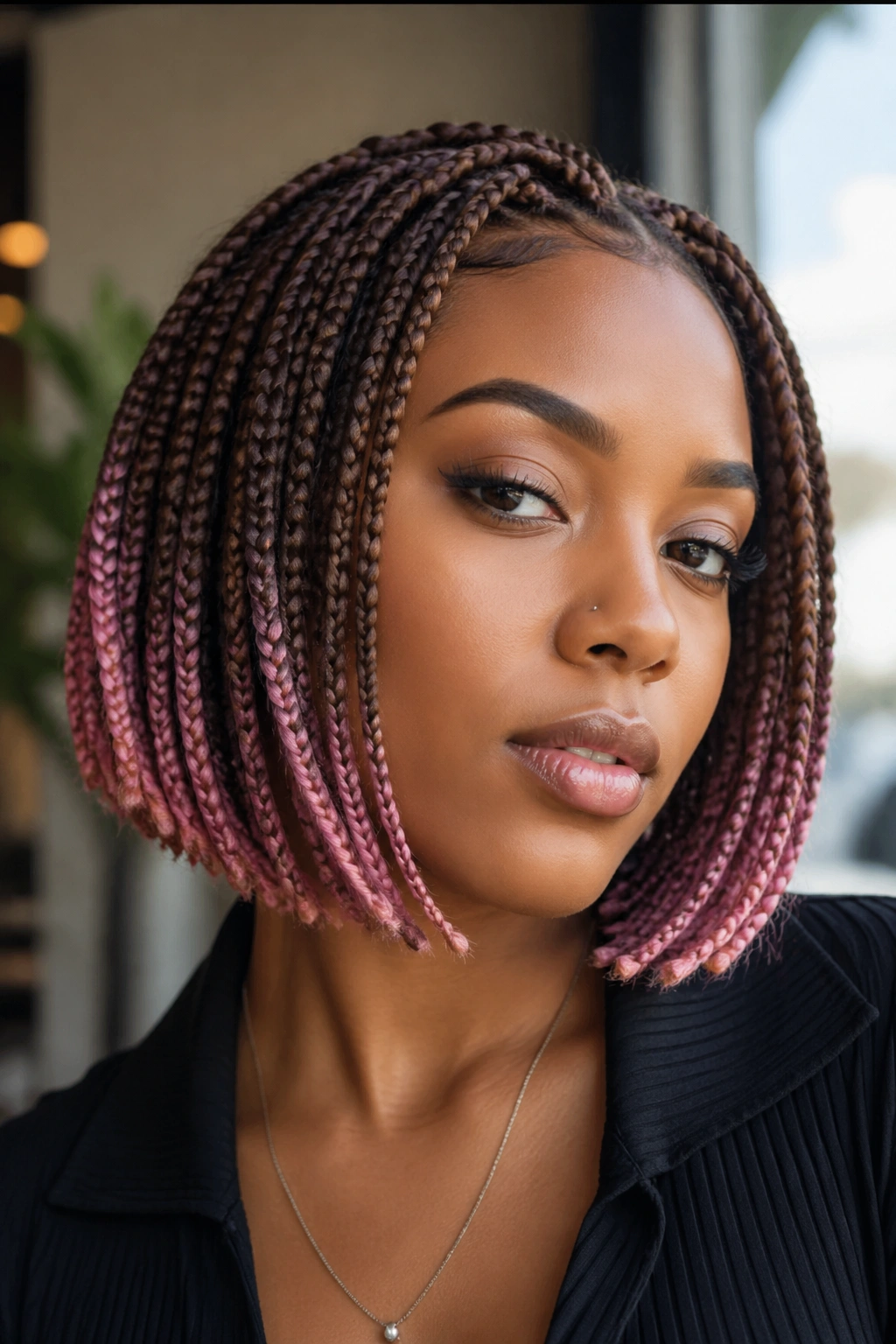 Chin-length bob with brown base and pink ends on a real person in soft cafe-window light