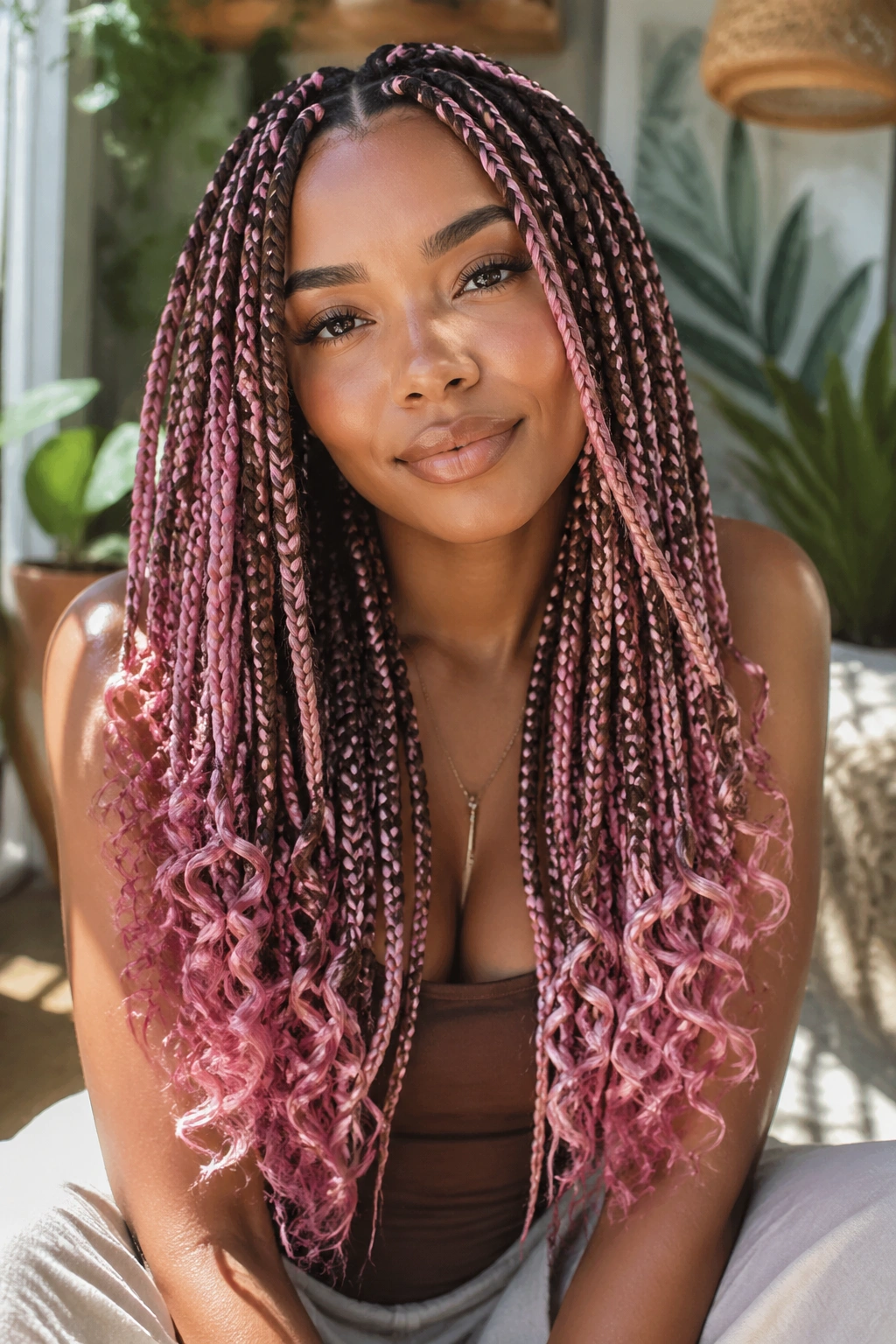 Boho brown and pink braids with curly ends on a real person in a sunlit setting