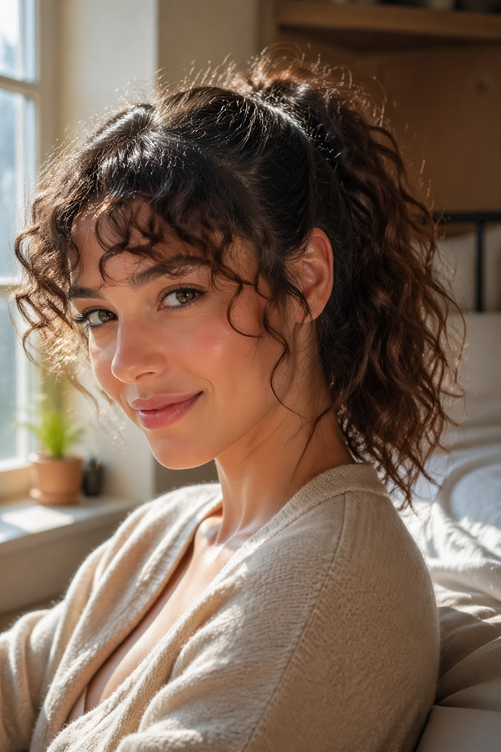 Close-up portrait of a real woman with a Brown Ponytail and curly bangs framing the eyebrows.