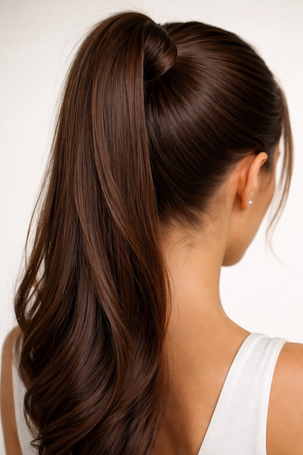 Brown high ponytail with ribbon wrapped around base