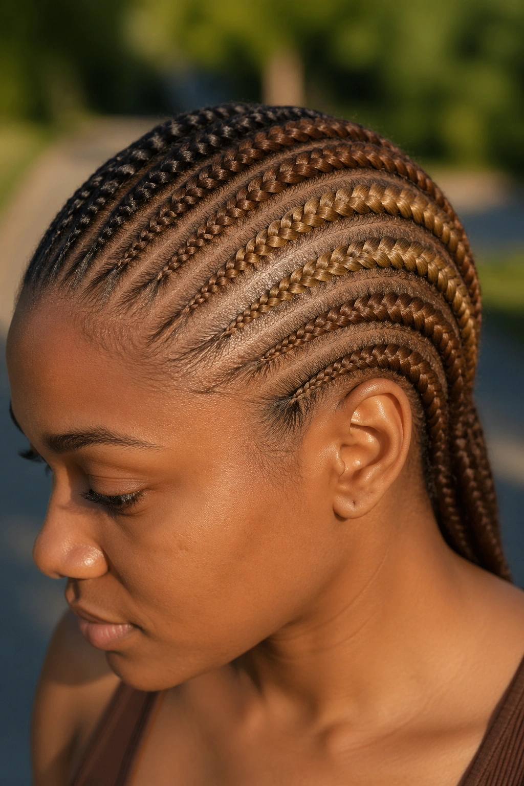 Close-up of a real person showing multiple brown hair shades in cornrows