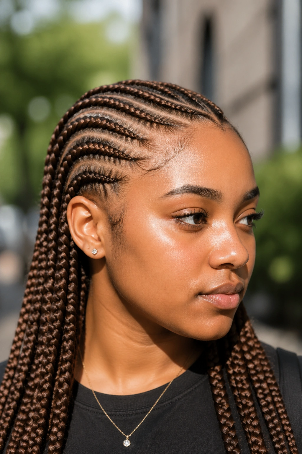 Close-up portrait of a real person with rich brown hair shade in daylight.