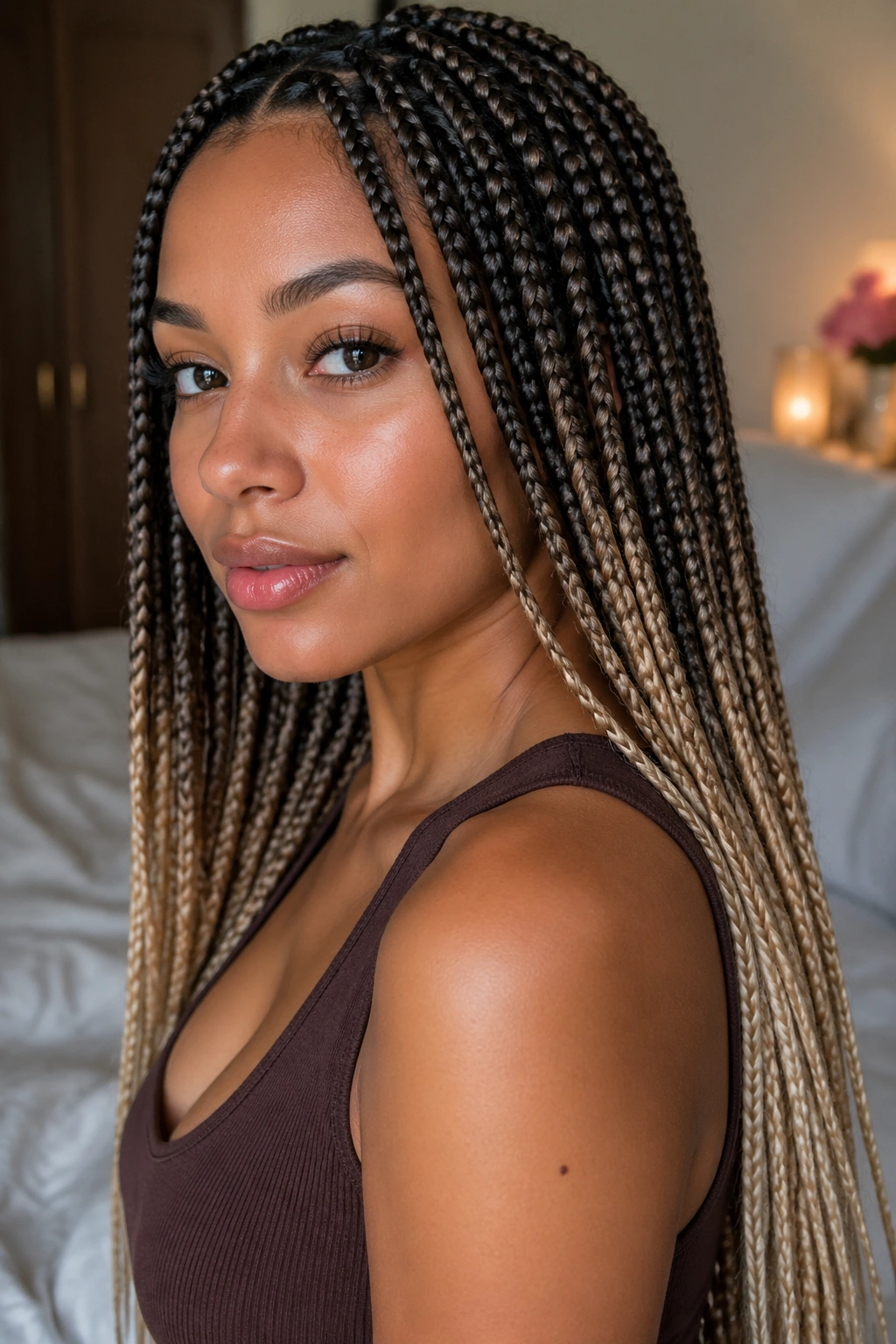 Close-up of real woman with brunette to champagne blonde ombré braids