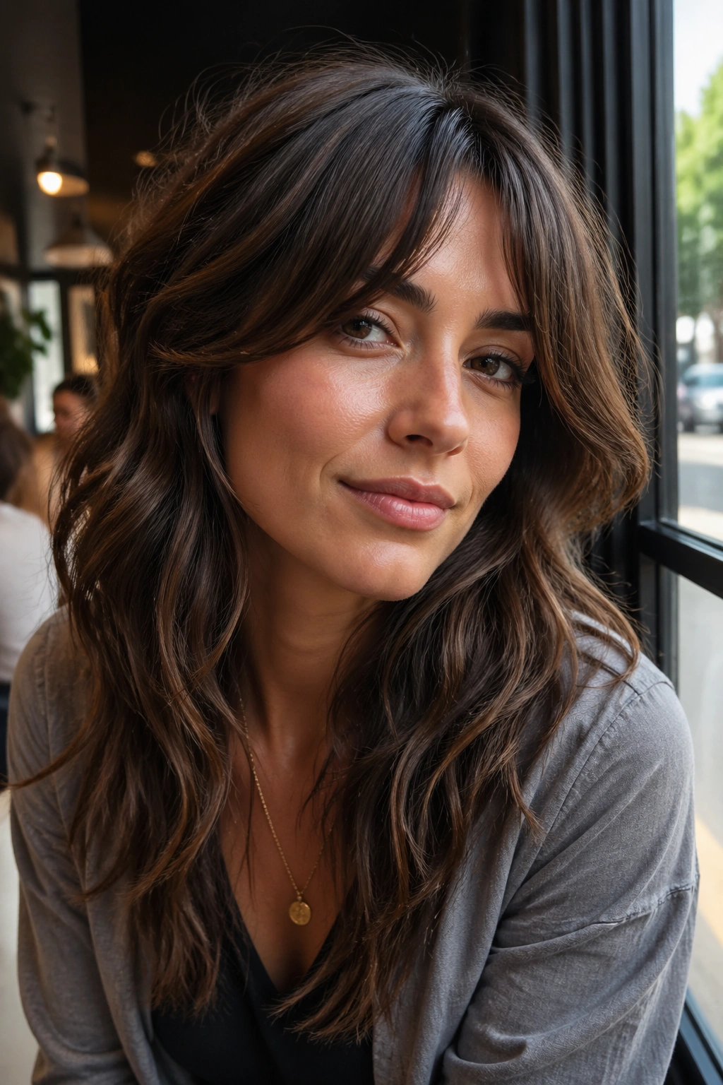 Close-up portrait of a real woman with brunette shag waves and curtain bangs