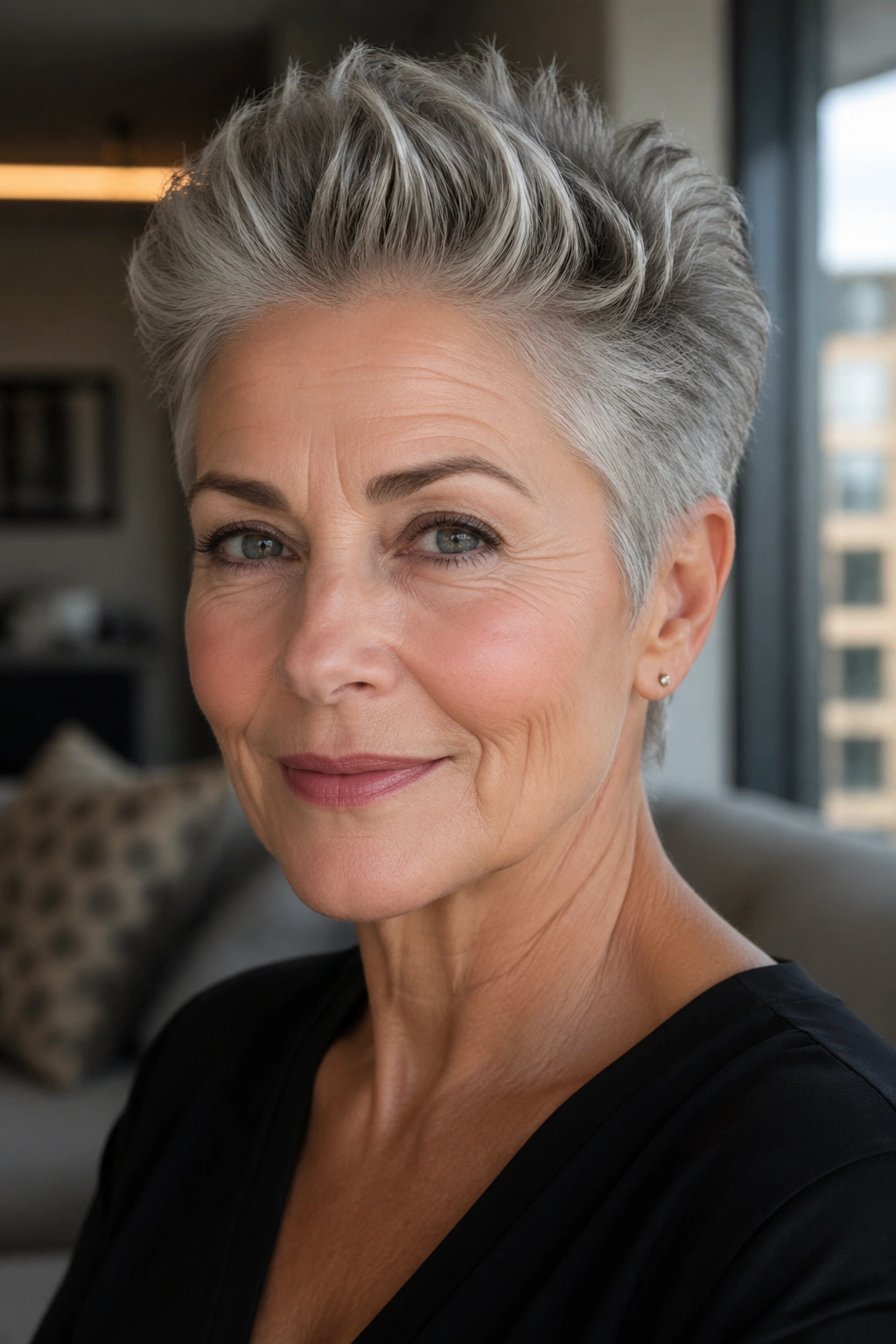 Real woman with a brushed-back pixie and textured top