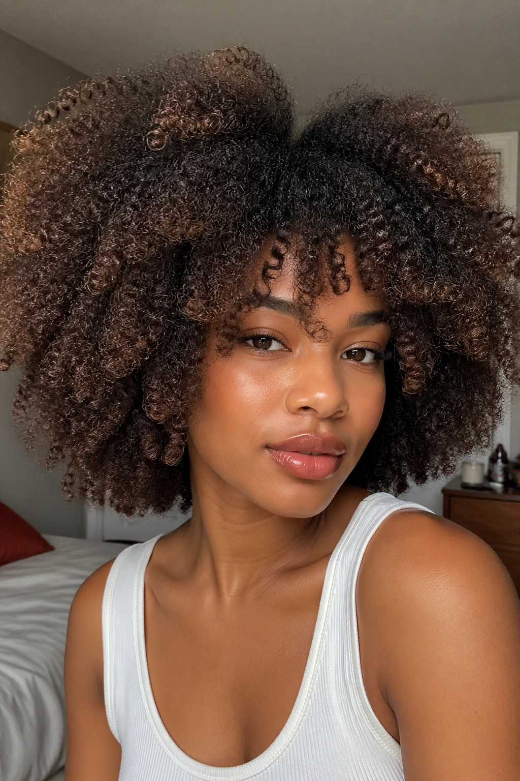 Close-up of real person with brushed-out curls forming cloud-like volume
