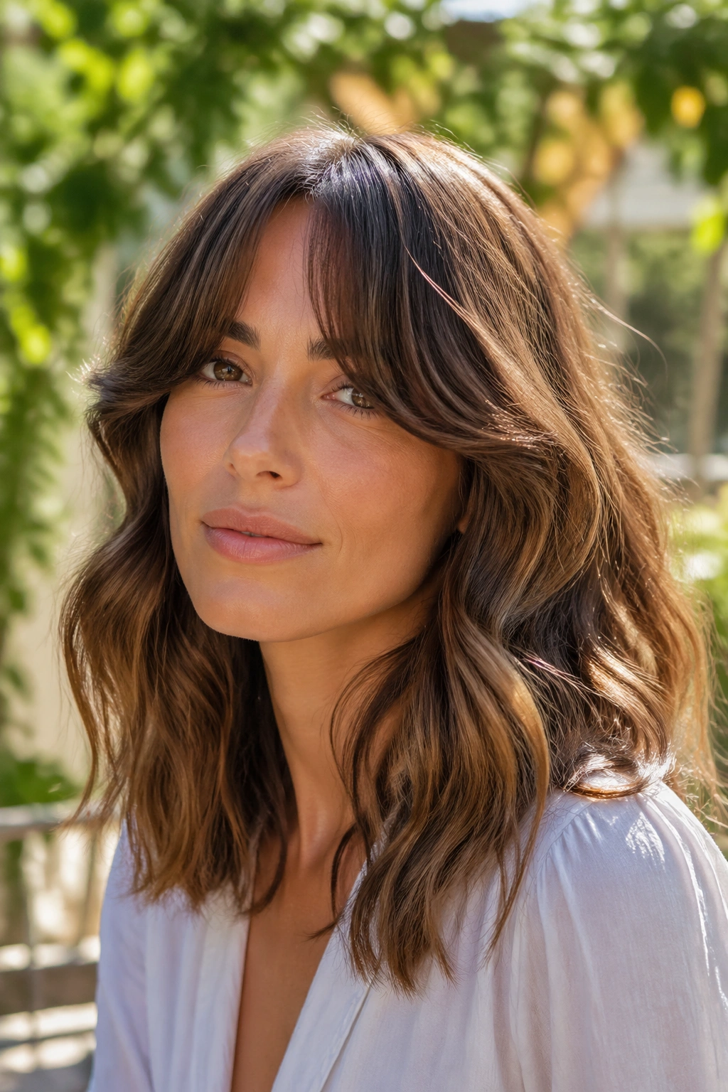 Close-up portrait of a real woman with brushed-out curls and curtain bangs in a sunlit garden