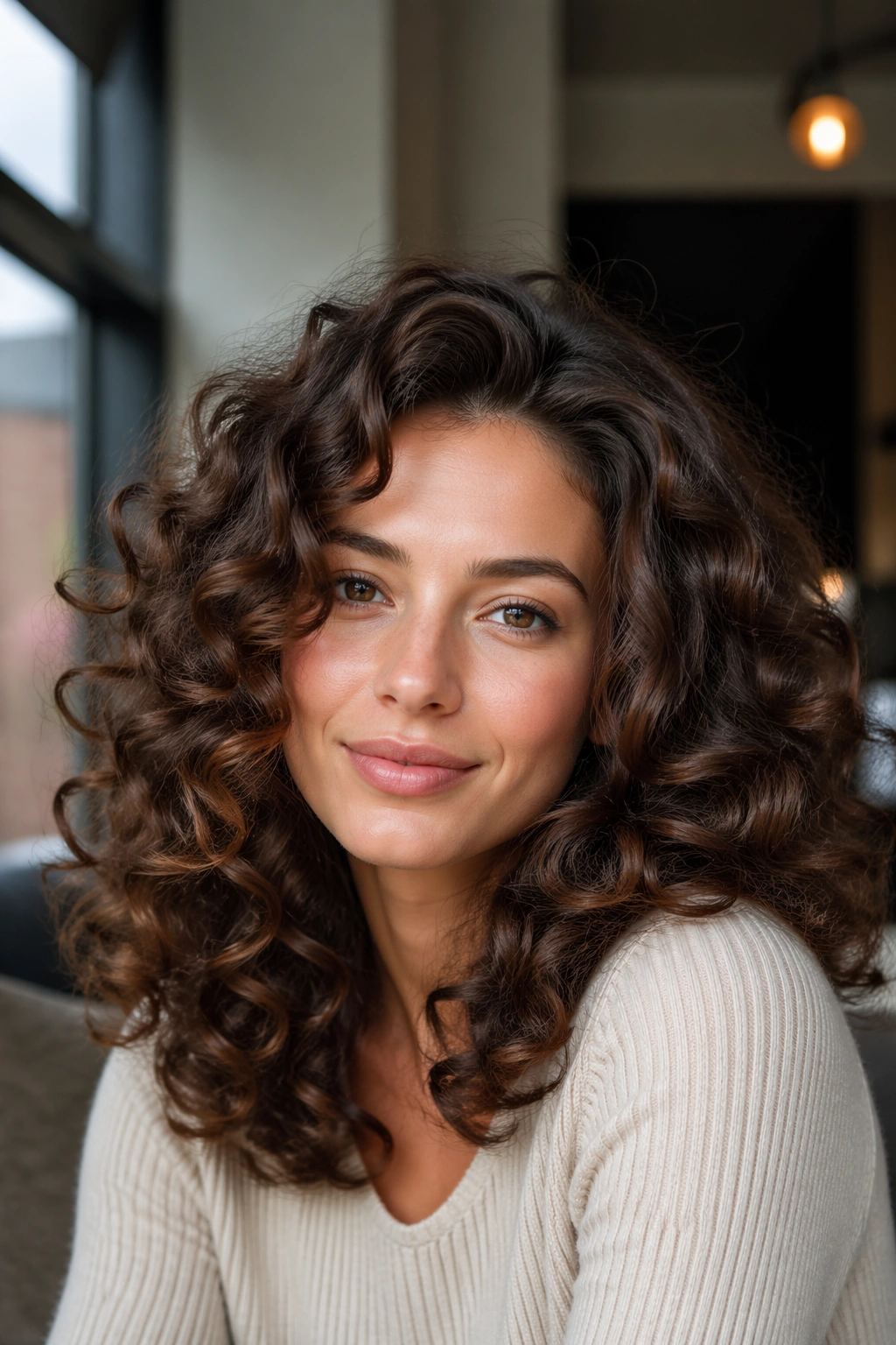 Close-up of a real person with brushed-out curly blowout showcasing soft volume and shine