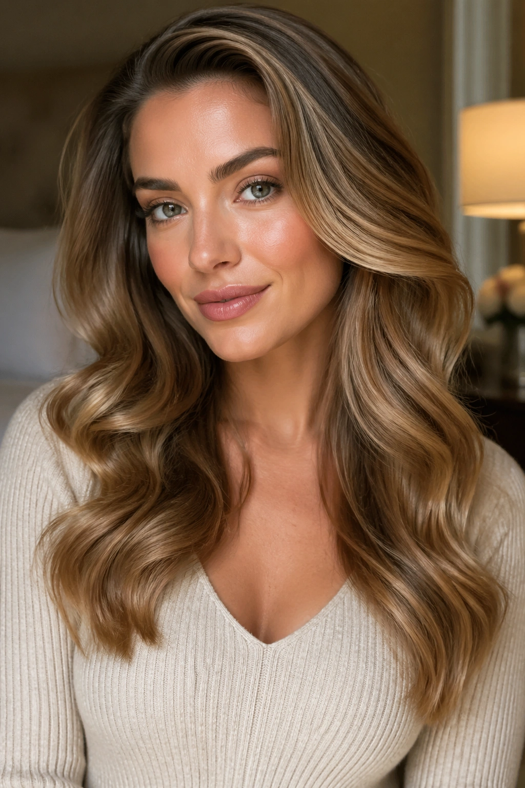 Close-up of a real woman with brushed-out glam waves under warm light