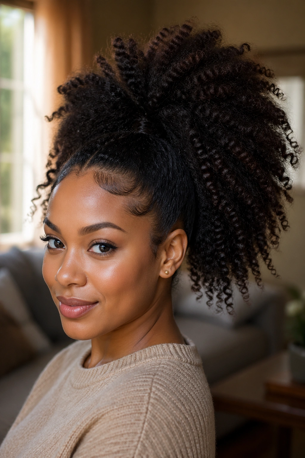 Close-up of a real woman with a high, voluminous brushed-out ponytail