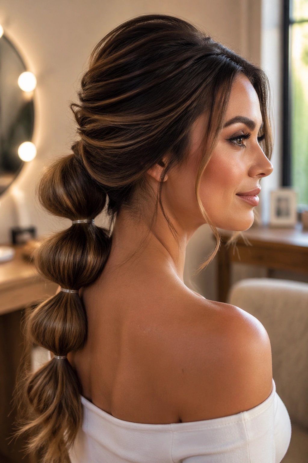 Close-up of a real woman wearing a bubble-back low ponytail with crown lift