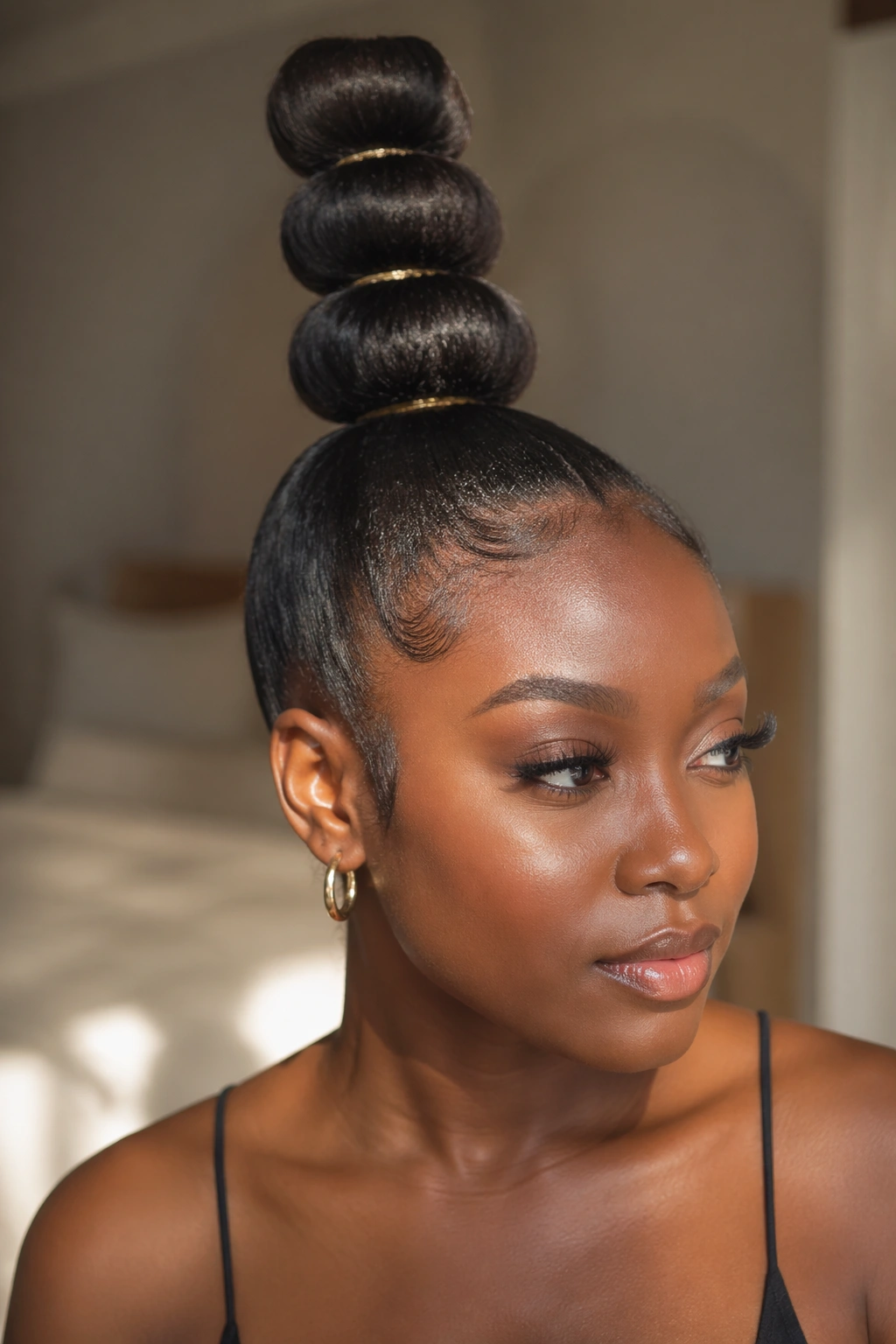 Close-up of a bubble-banded high bun on a real person