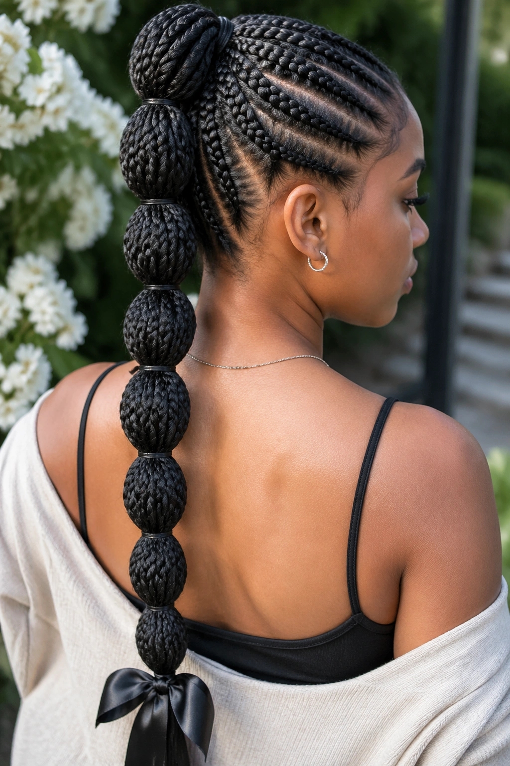 Close-up of a woman with a bubble box braid ponytail showing bubbles along the length.