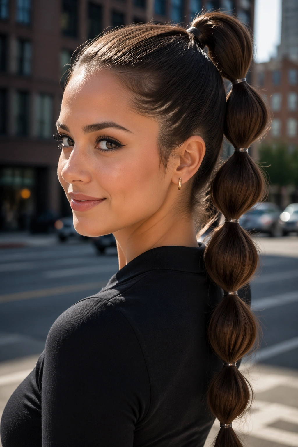 Real person with bubble braid brown ponytail on city street