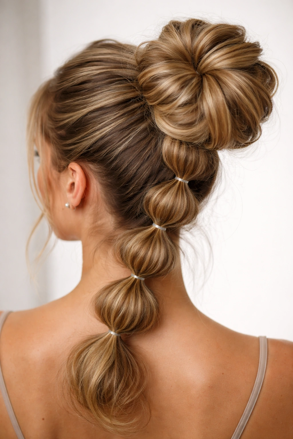 Close-up of a bubble-braid bun with segmented bubbles along a high ponytail