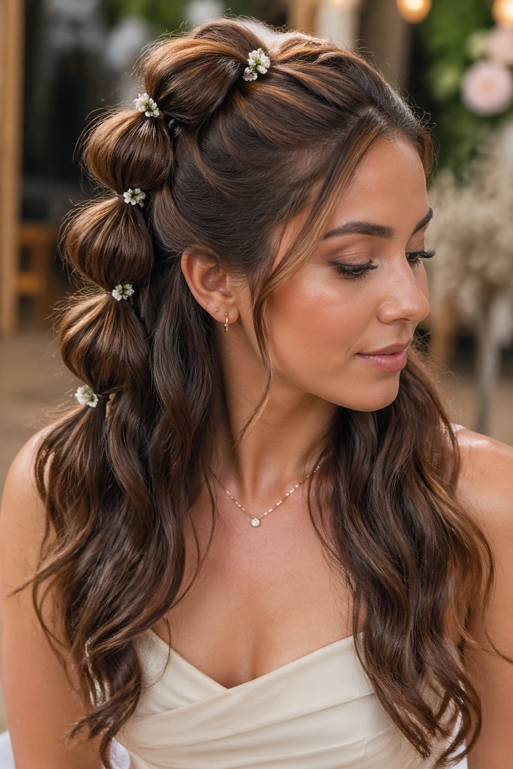 Close-up of a real woman with a bubble braid half-up and floral pins in a bright indoor setting