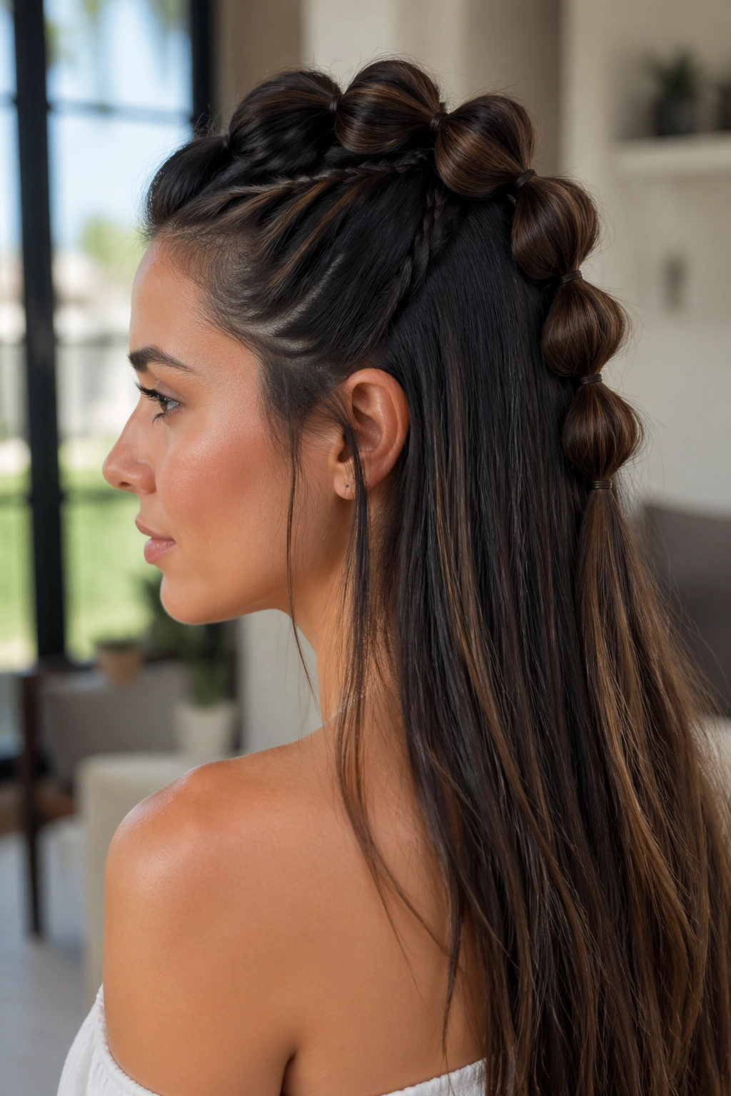 Close-up of a real woman with a bubble braid half-up on straight hair showing defined bubbles