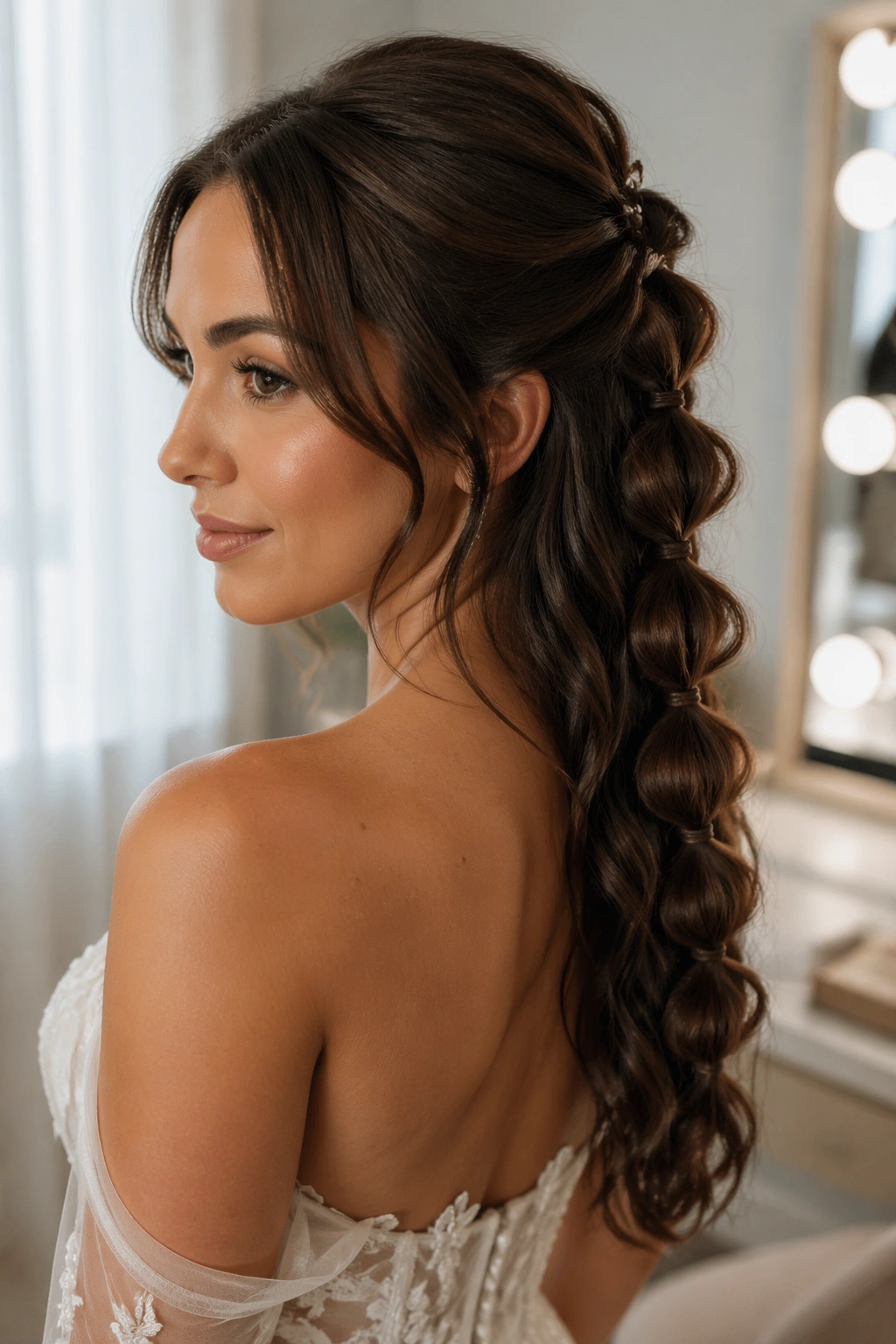Close-up of a real bride’s bubble braid half-up hairstyle with even bubbles in a bridal suite