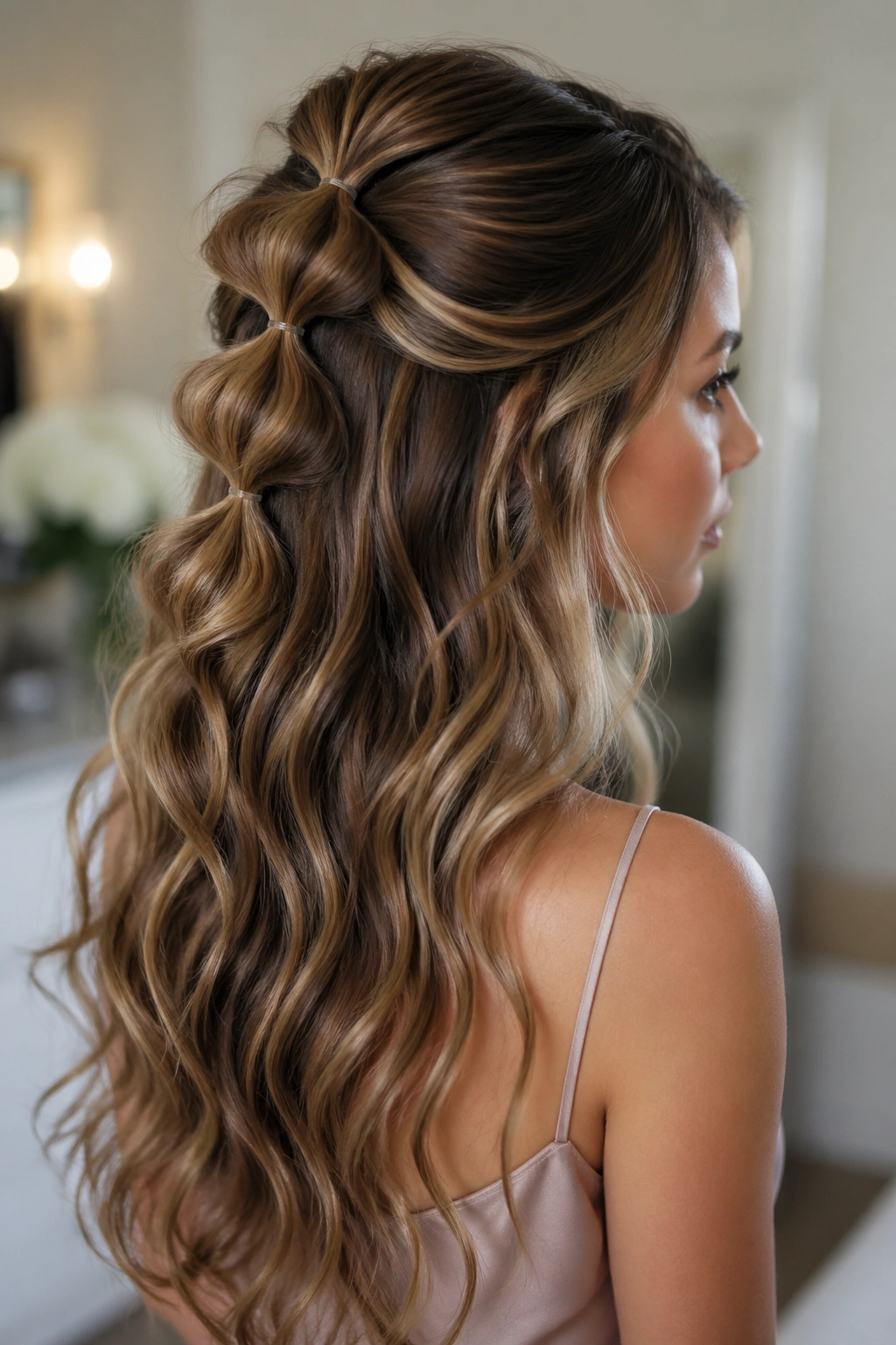 Real woman with a bubble braid half-up and loose waves