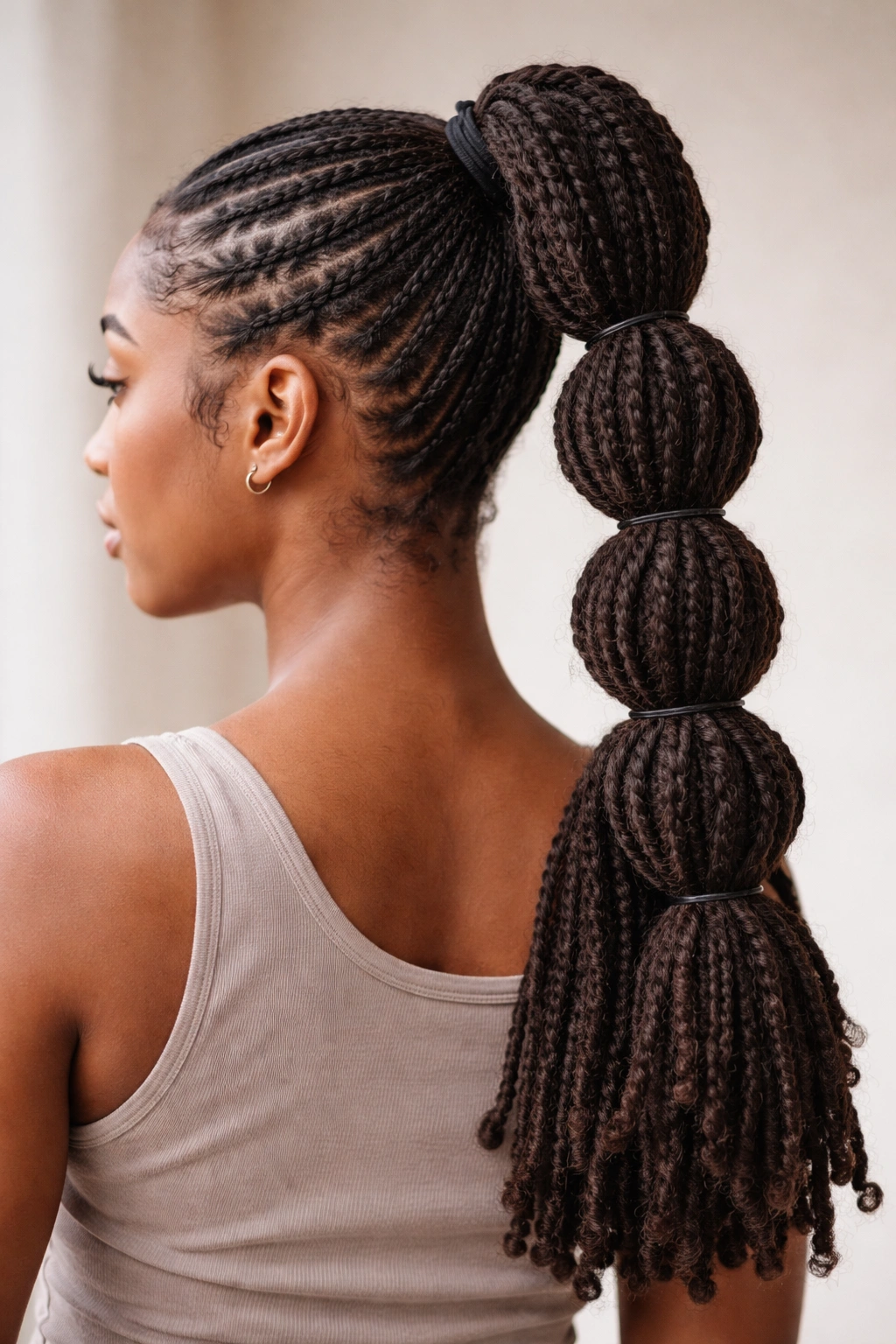 High ponytail with bubble segments formed by bands on locs