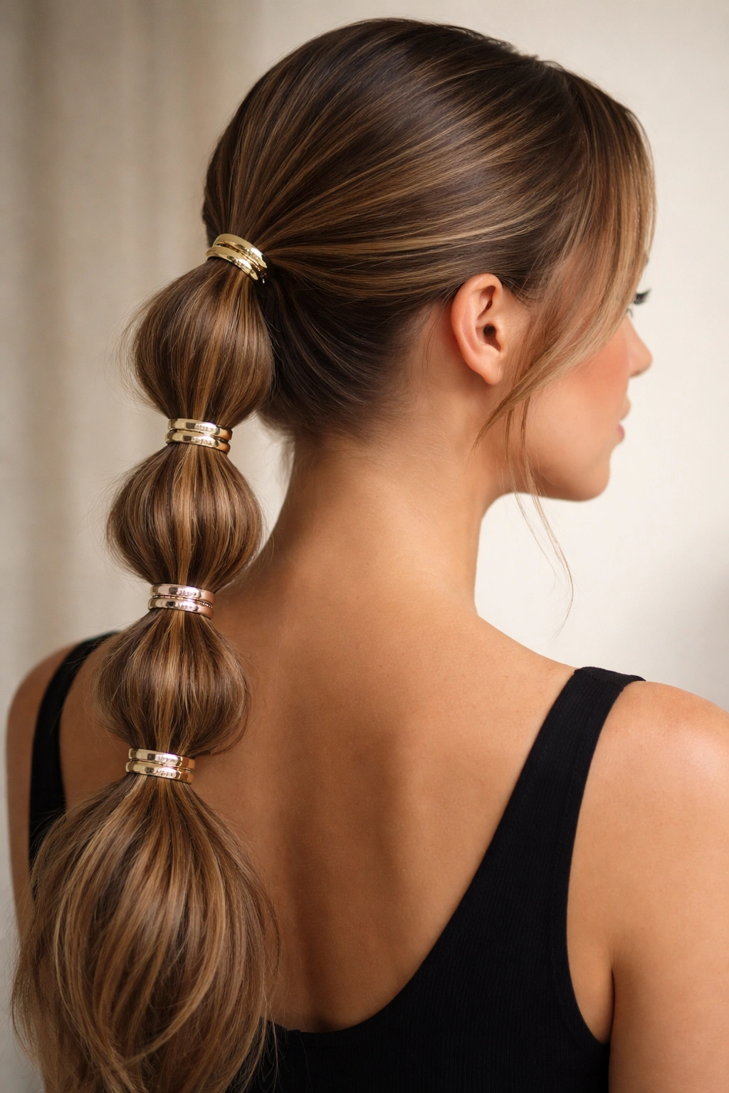 Close-up of a low bubble braid ponytail with metallic elastic bands highlighting shiny ties