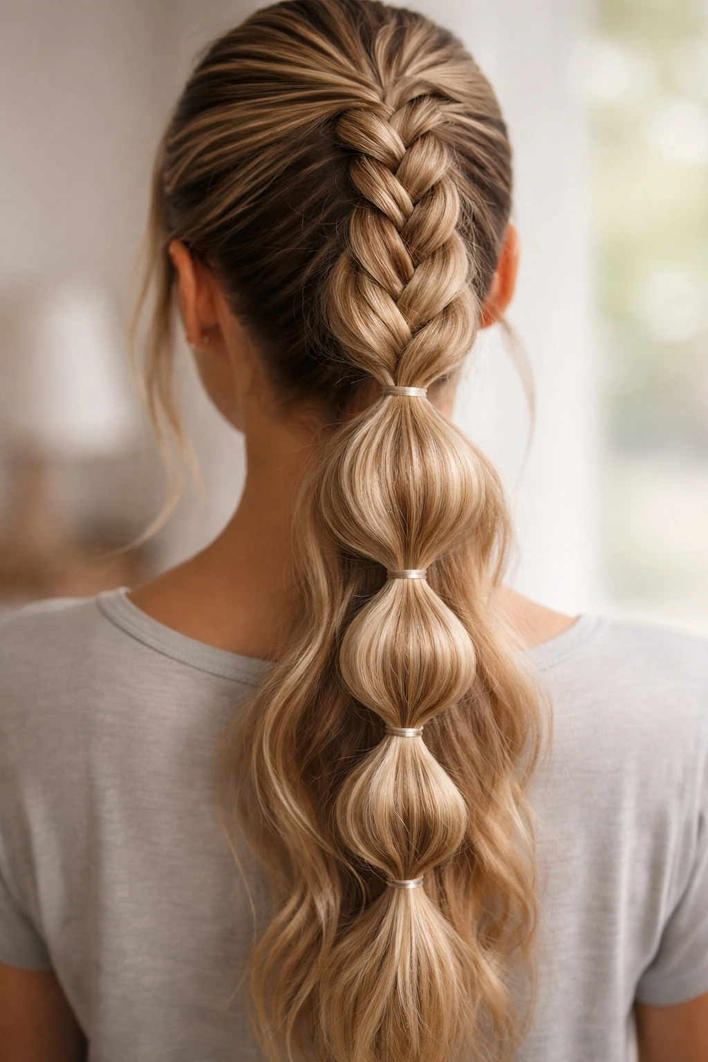 Ponytail with bubble-shaped sections created by elastic bands along the braid