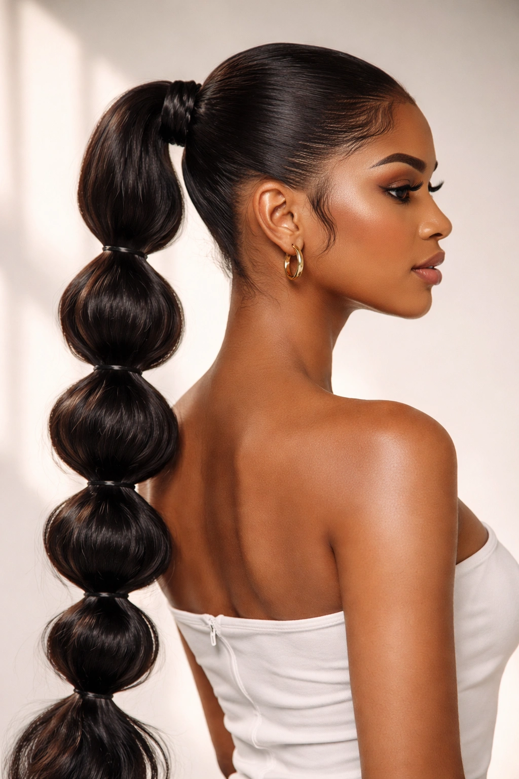 Side view of bubble-braid weave ponytail with distinct rounded segments