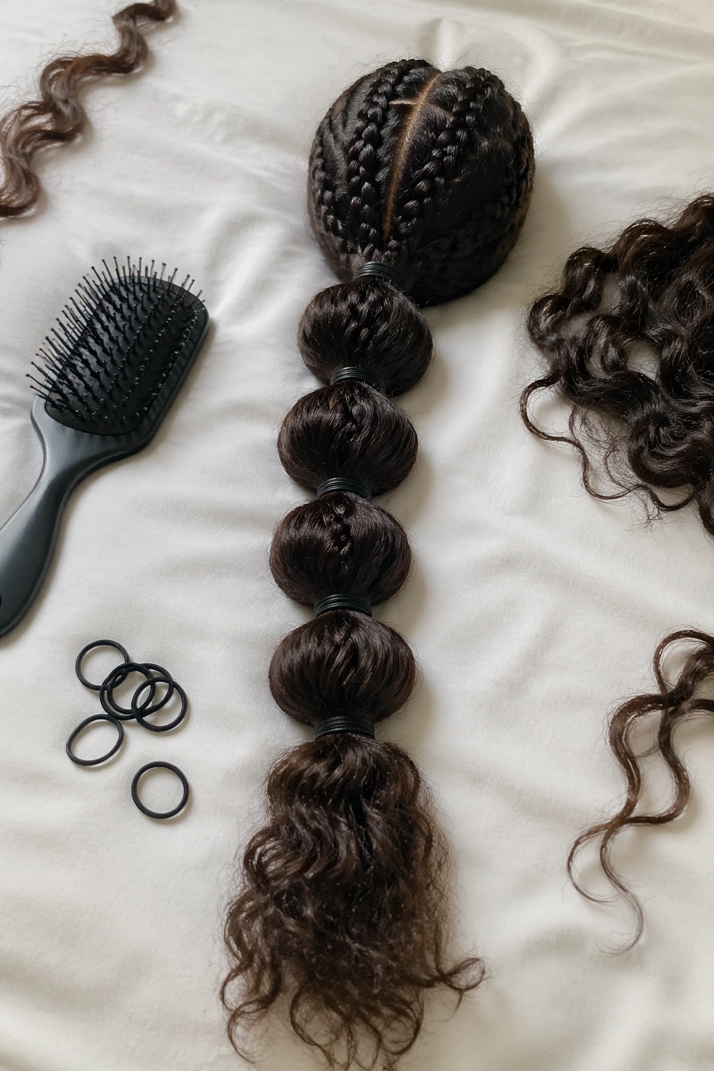 Overhead flat-lay of bubble stitch braid ponytail setup.