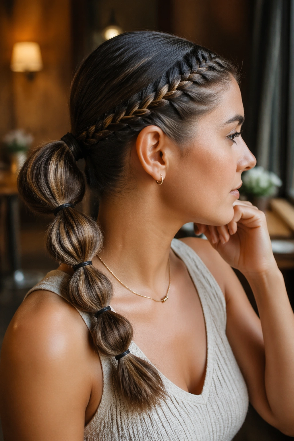 Close-up of a real woman with Bubble Side Stitch Braid Ponytail showing bubble-segmented ponytail.