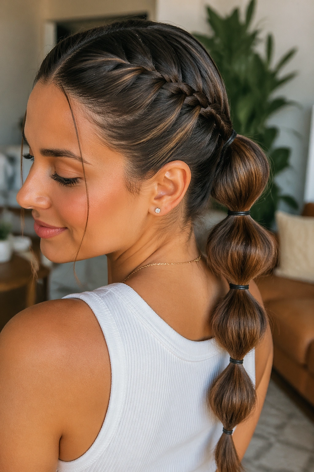 Real woman with bubble-and-braid ponytail in a sunlit living room