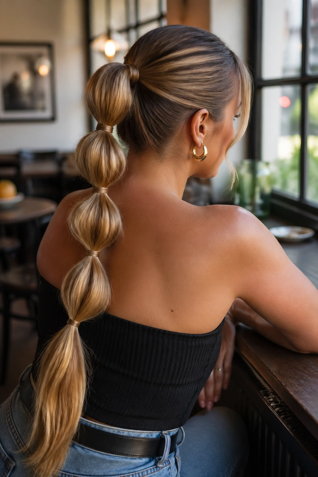 Woman with three bubble braids forming a ponytail, close-up.