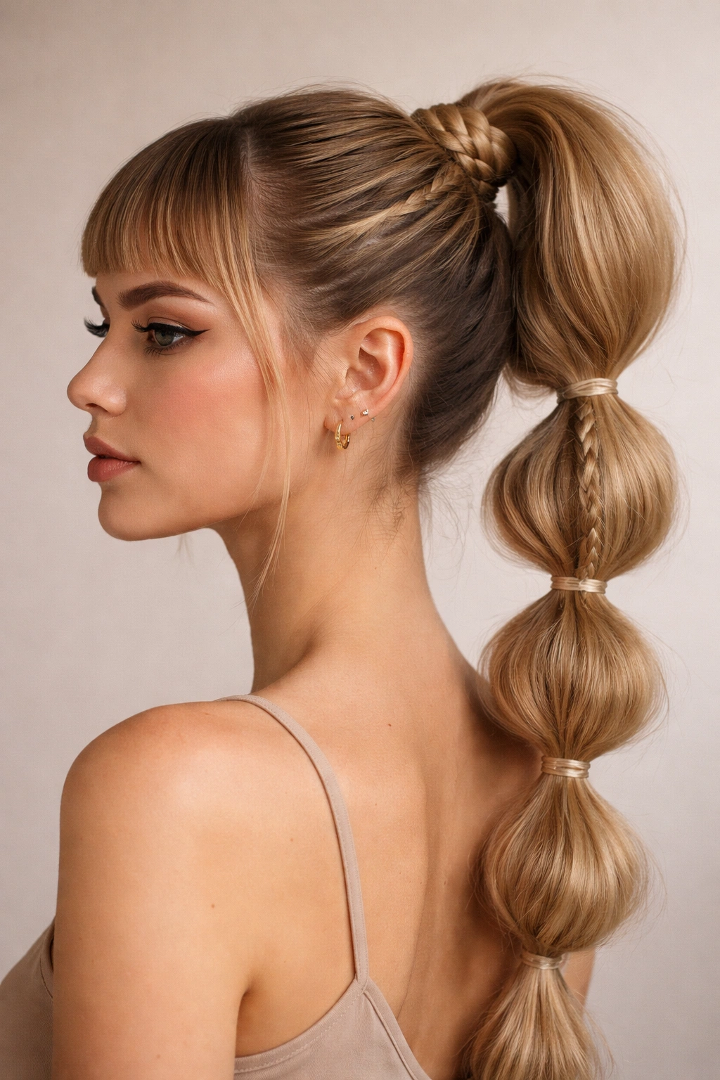 Bubble-and-braid ponytail with baby bangs in a neutral studio.
