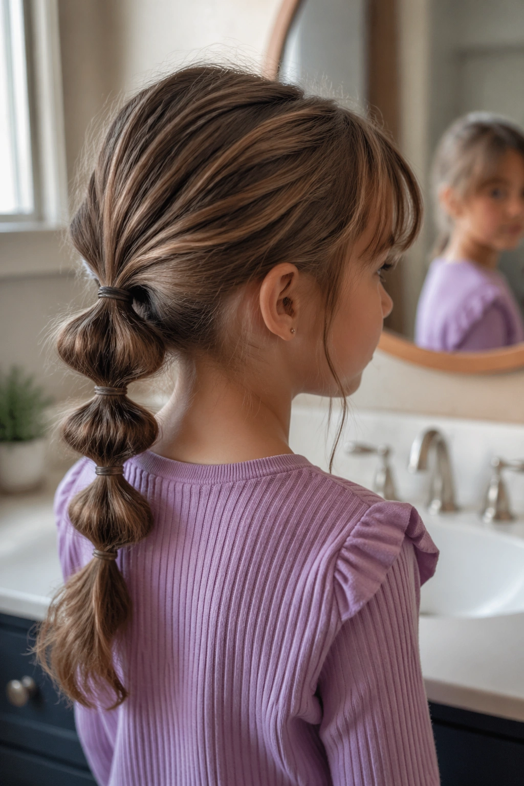 Bubble braid ponytail with wispy bangs close-up.