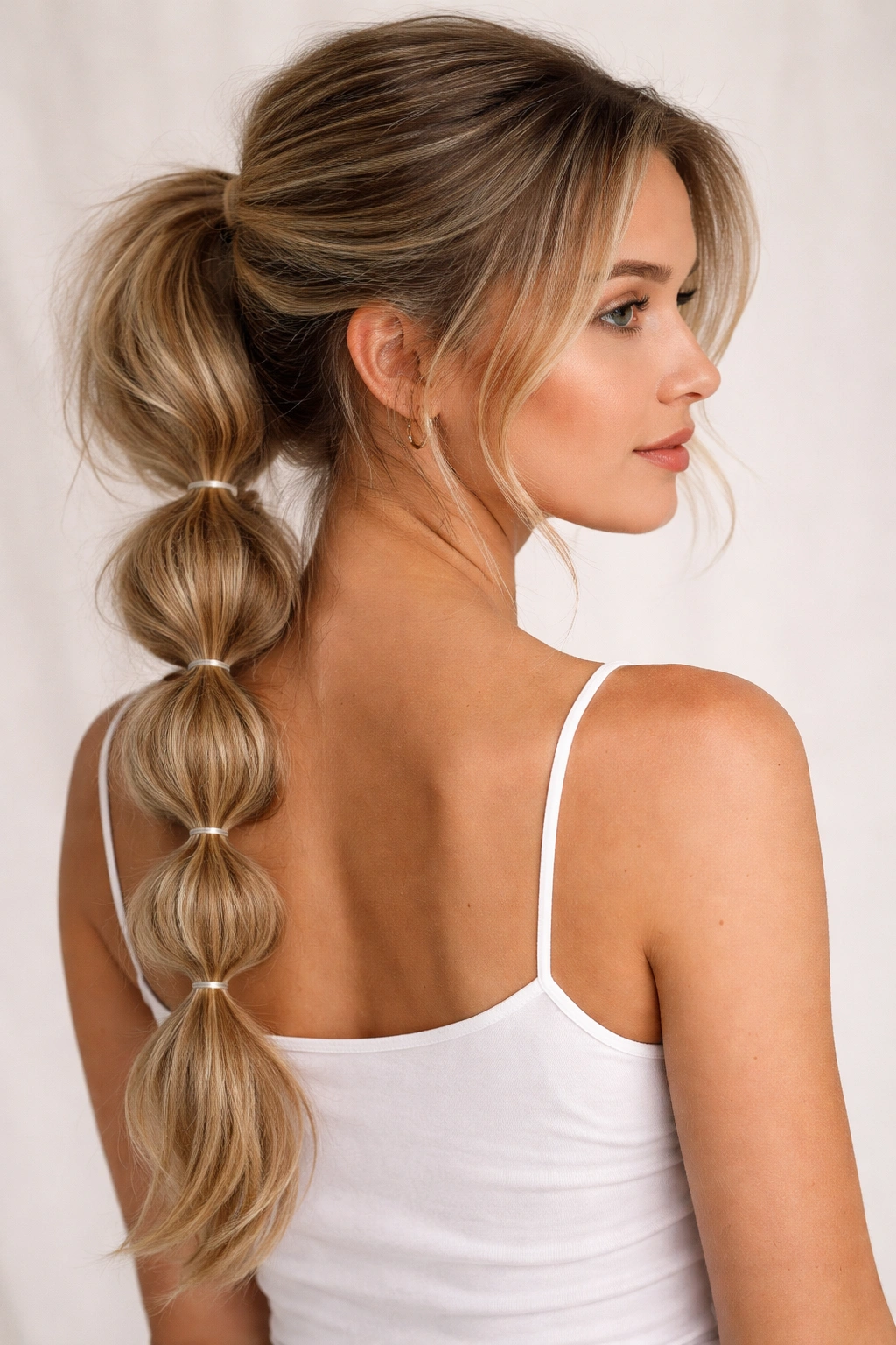 Ponytail with bubble sections formed by elastics along its length.