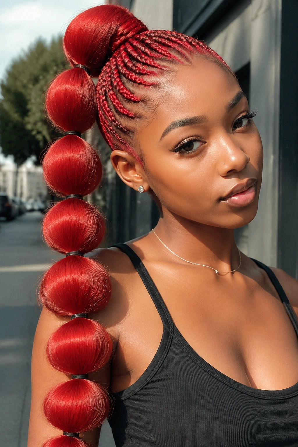 Portrait of a real woman with fire-red bubble braids forming a ponytail