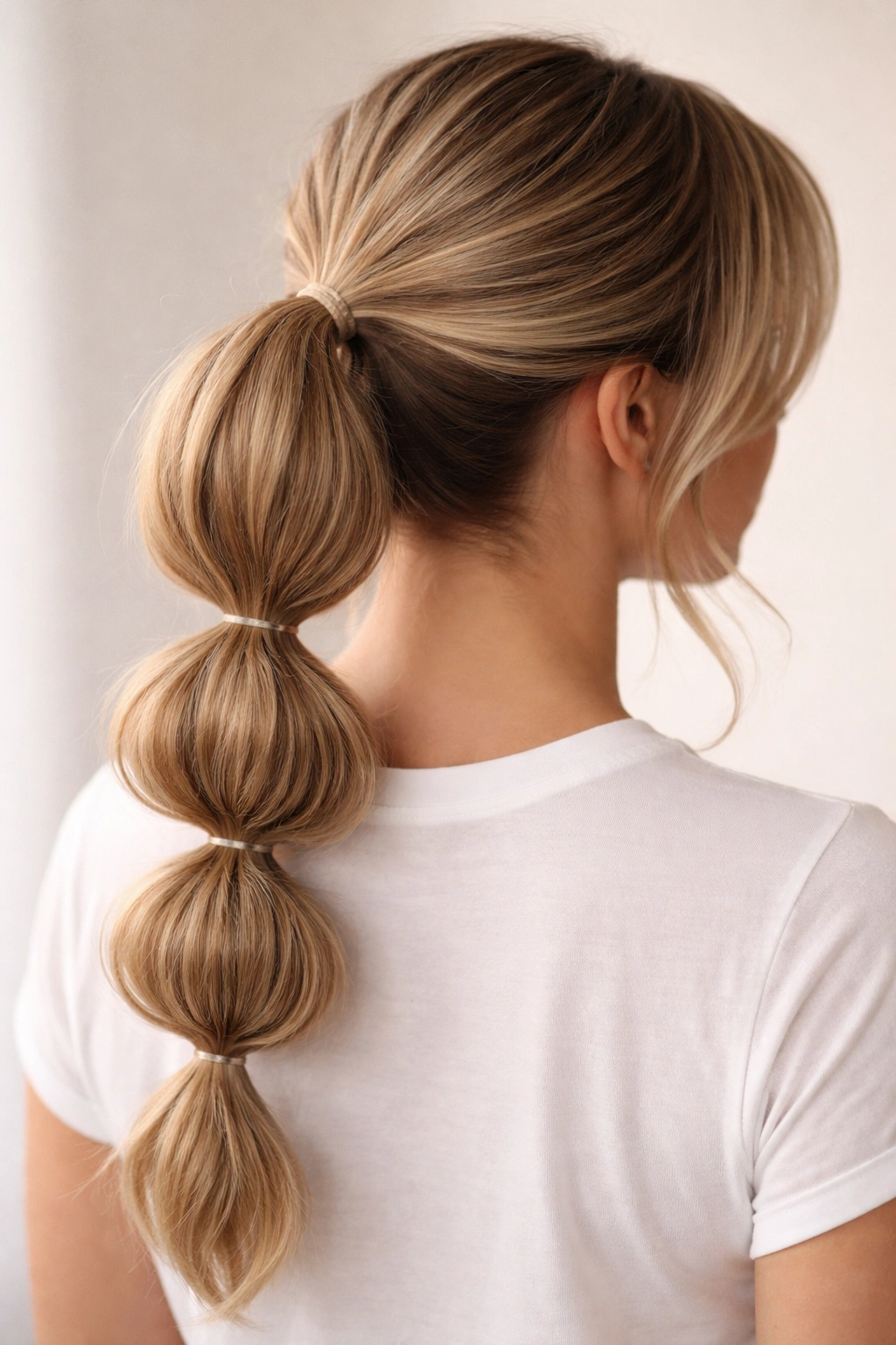 Bubble-Braid Ponytail close-up showing smooth crown and evenly spaced bubble sections on medium-length hair