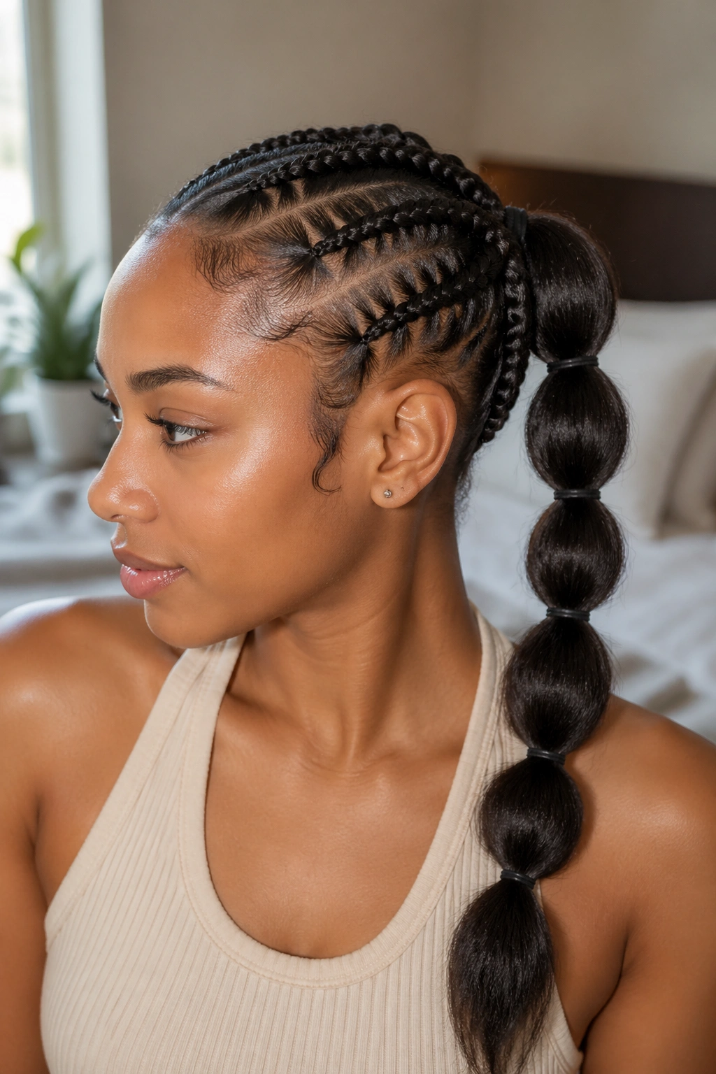 Close-up of a real Black woman with a bubble braided ponytail featuring visible elastic bubbles along the length.