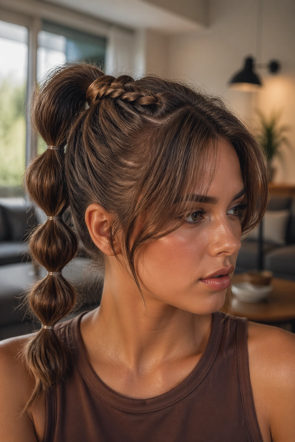 Close-up of real woman with bubble-braid ponytail and curtain bangs in a bright living room.