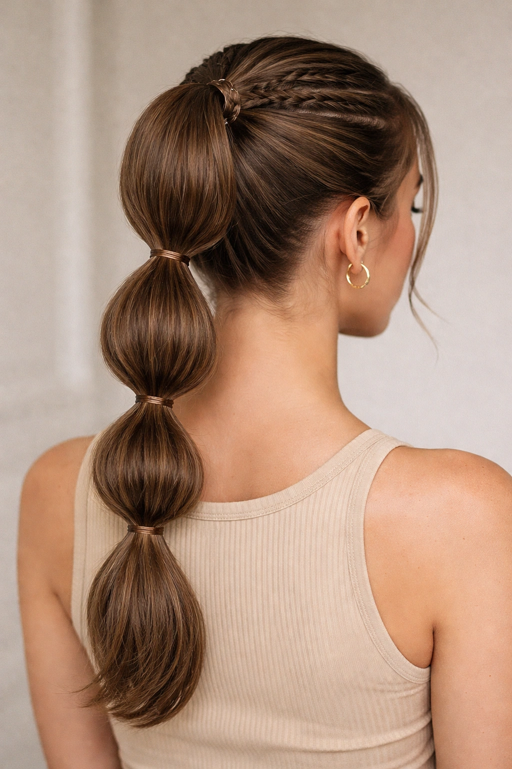 Playful bubble stitches along braid base leading to a ponytail on medium hair