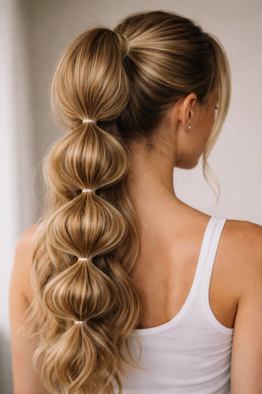 Bubble braided ponytail with rounded pockets along length