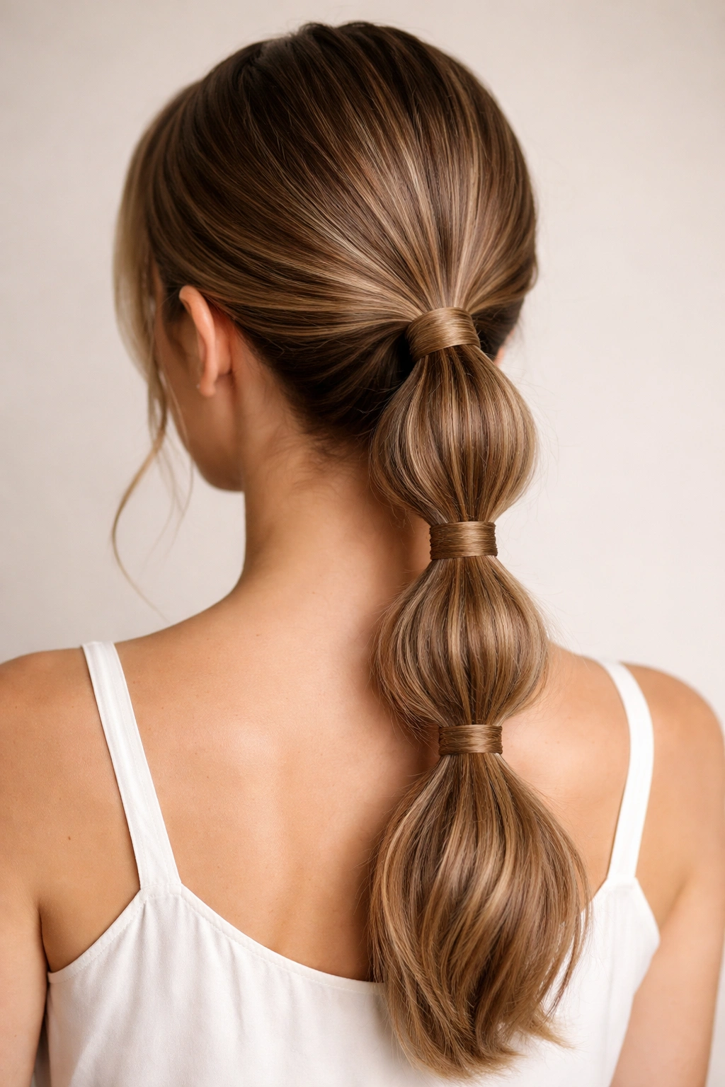 Close-up of a low bubble braid ponytail with thin hair wraps around elastics