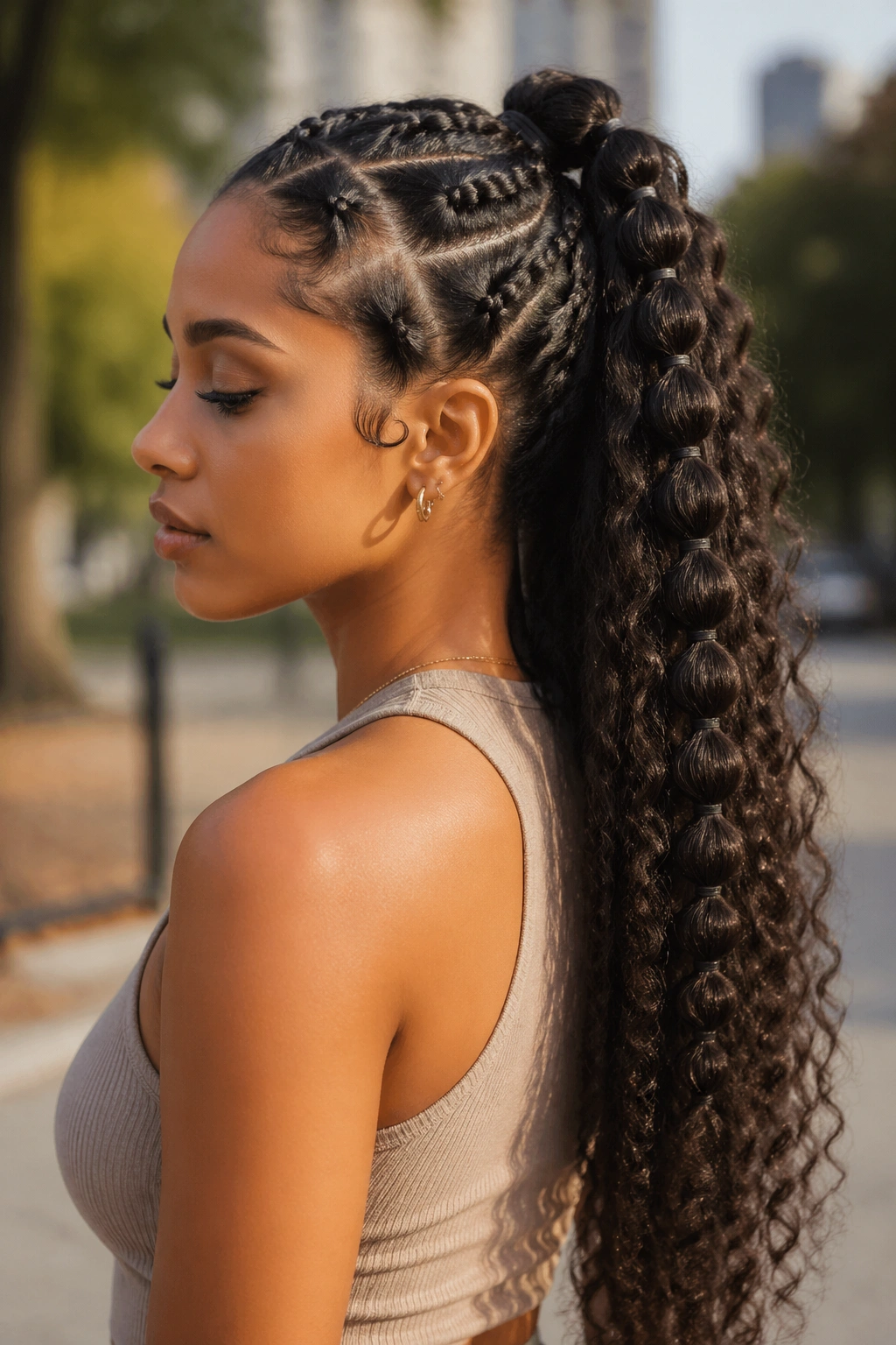 Close-up of a real person with bubble braids along curly length