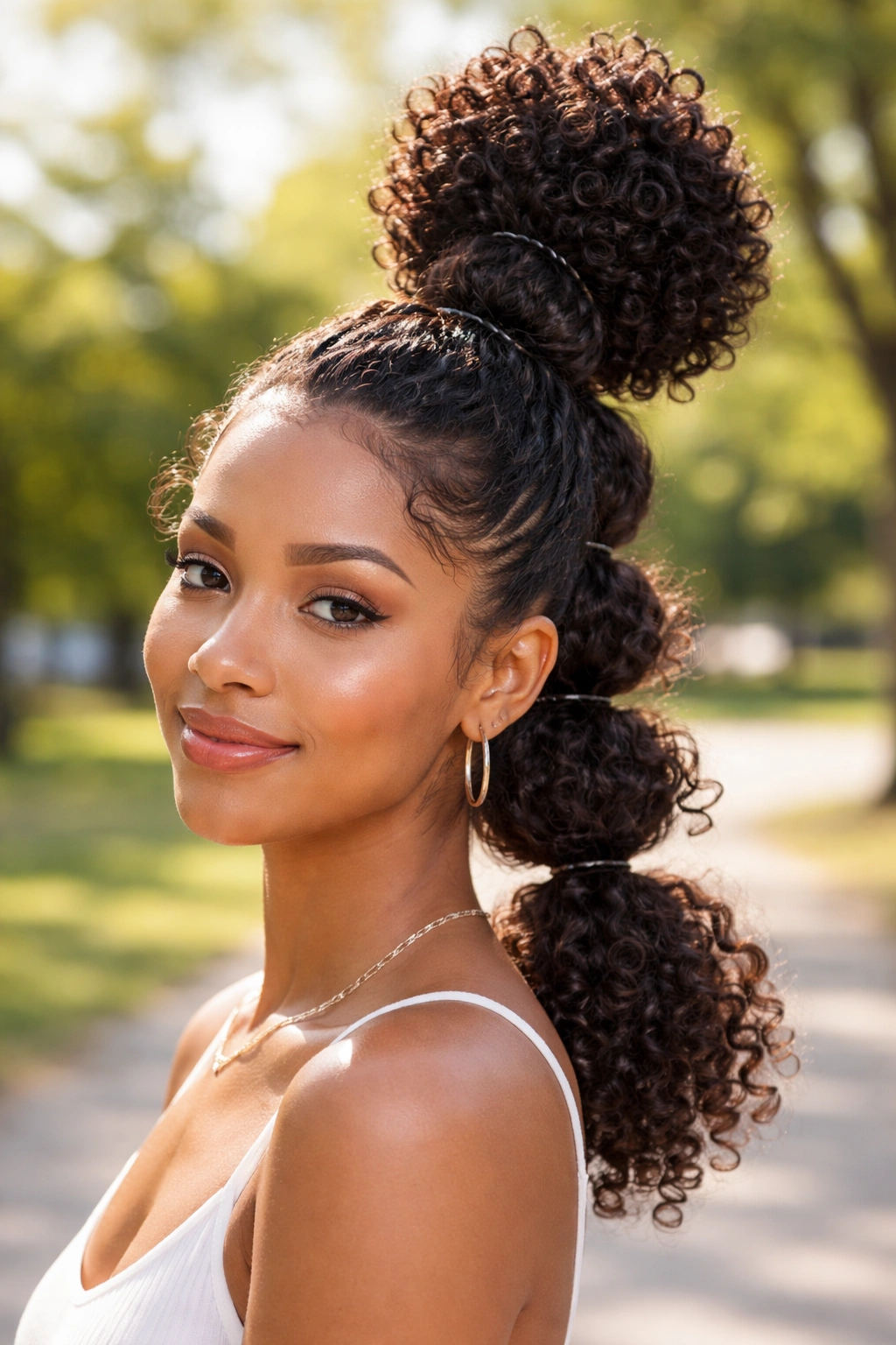 Real woman with a bubble bun featuring multiple hair ties along the ponytail.