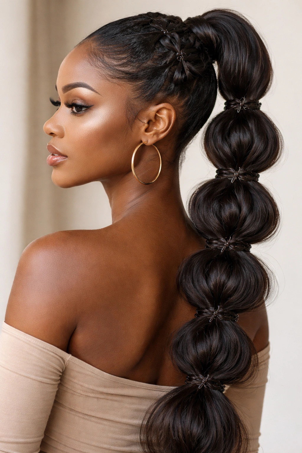 Ponytail with evenly spaced bubbles and butterfly loops for a playful layered look