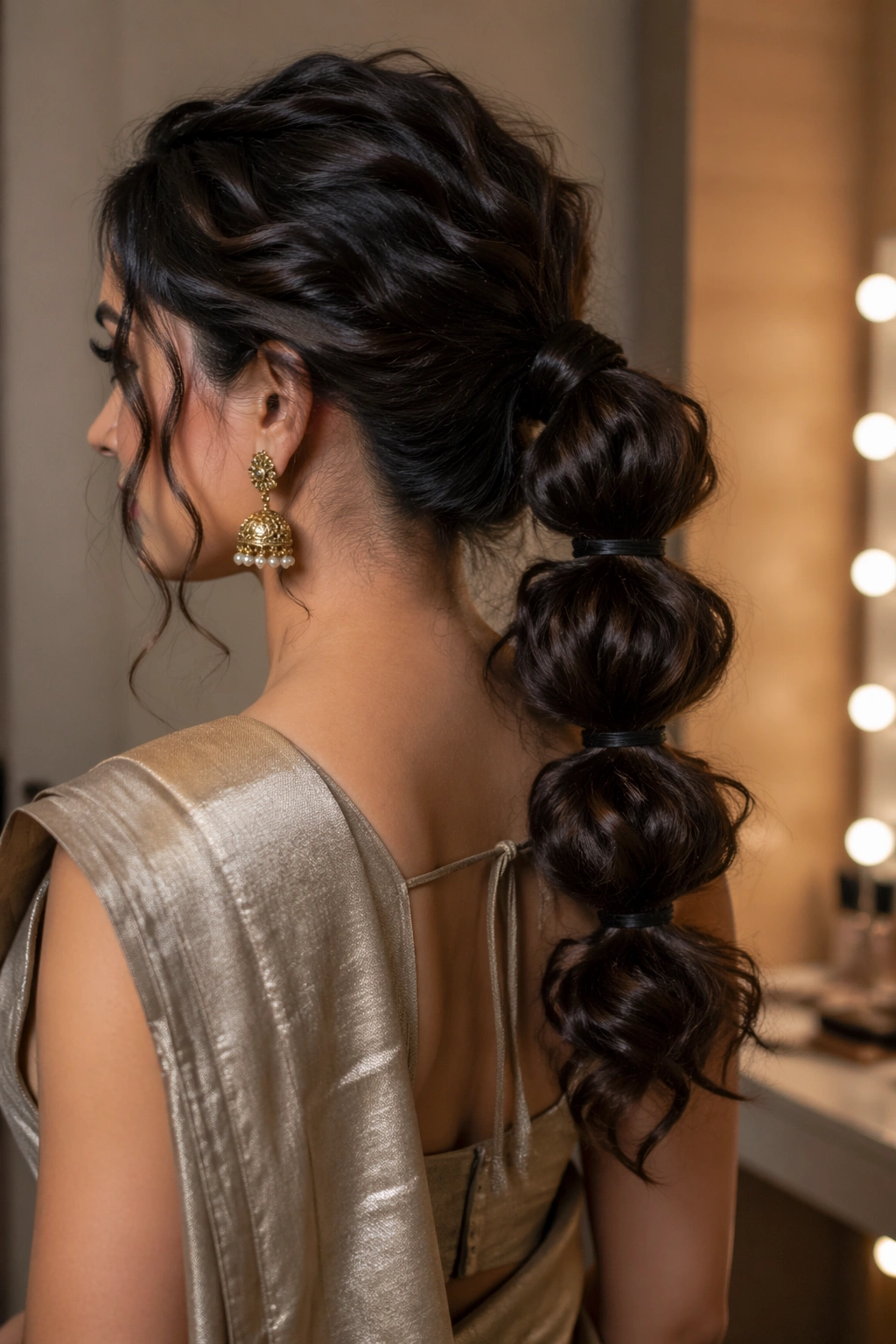 Close-up portrait of a woman with a bubble curly ponytail and metallic saree in soft window light