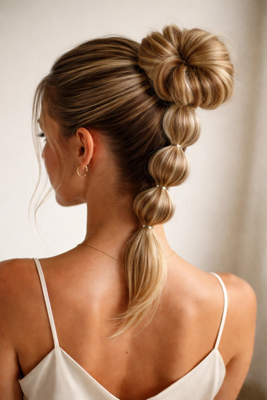 High ponytail with bubble-detail sections pinned into a sleek bun