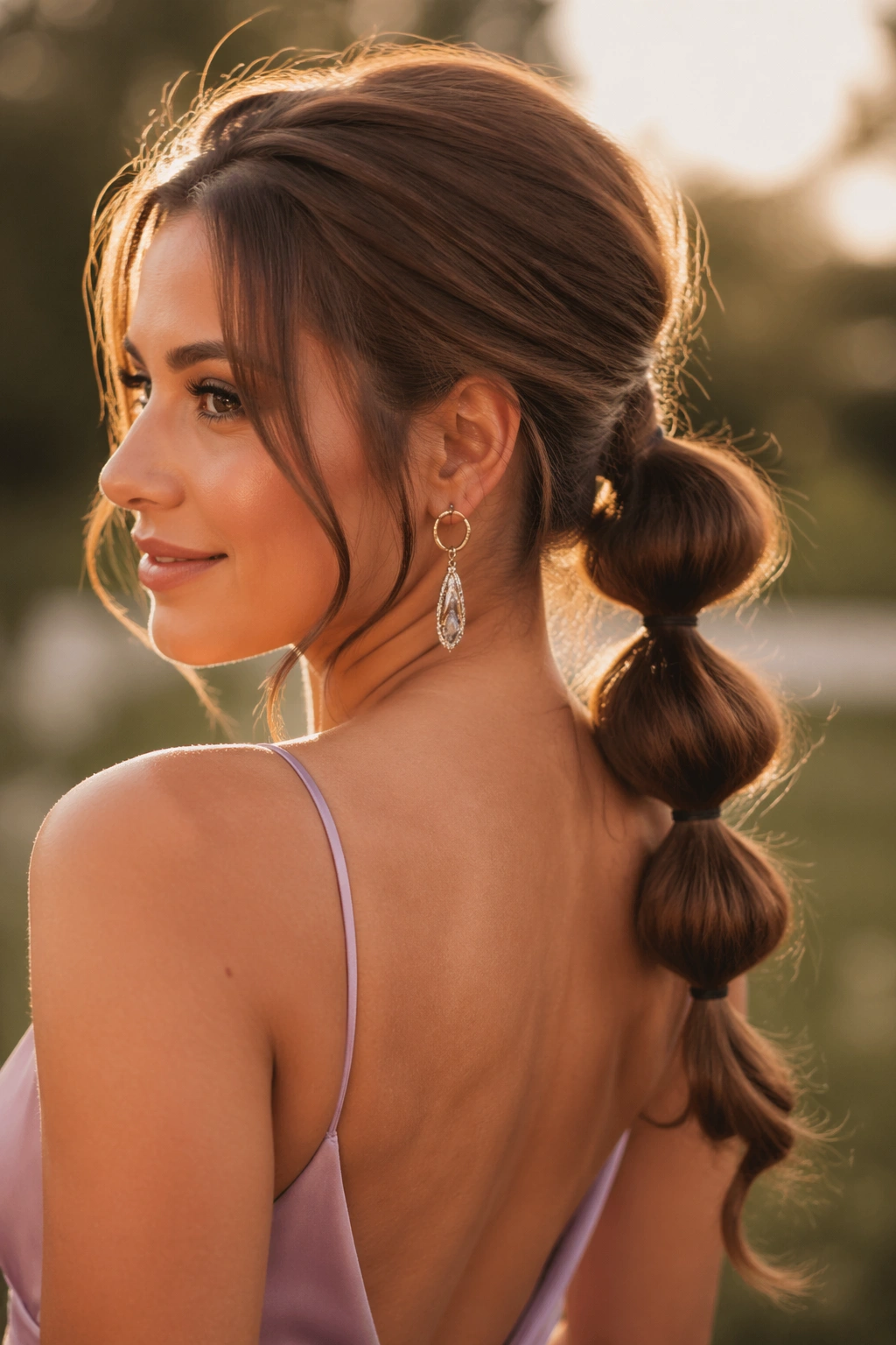 Close-up of a real woman with bubble-end mid ponytail